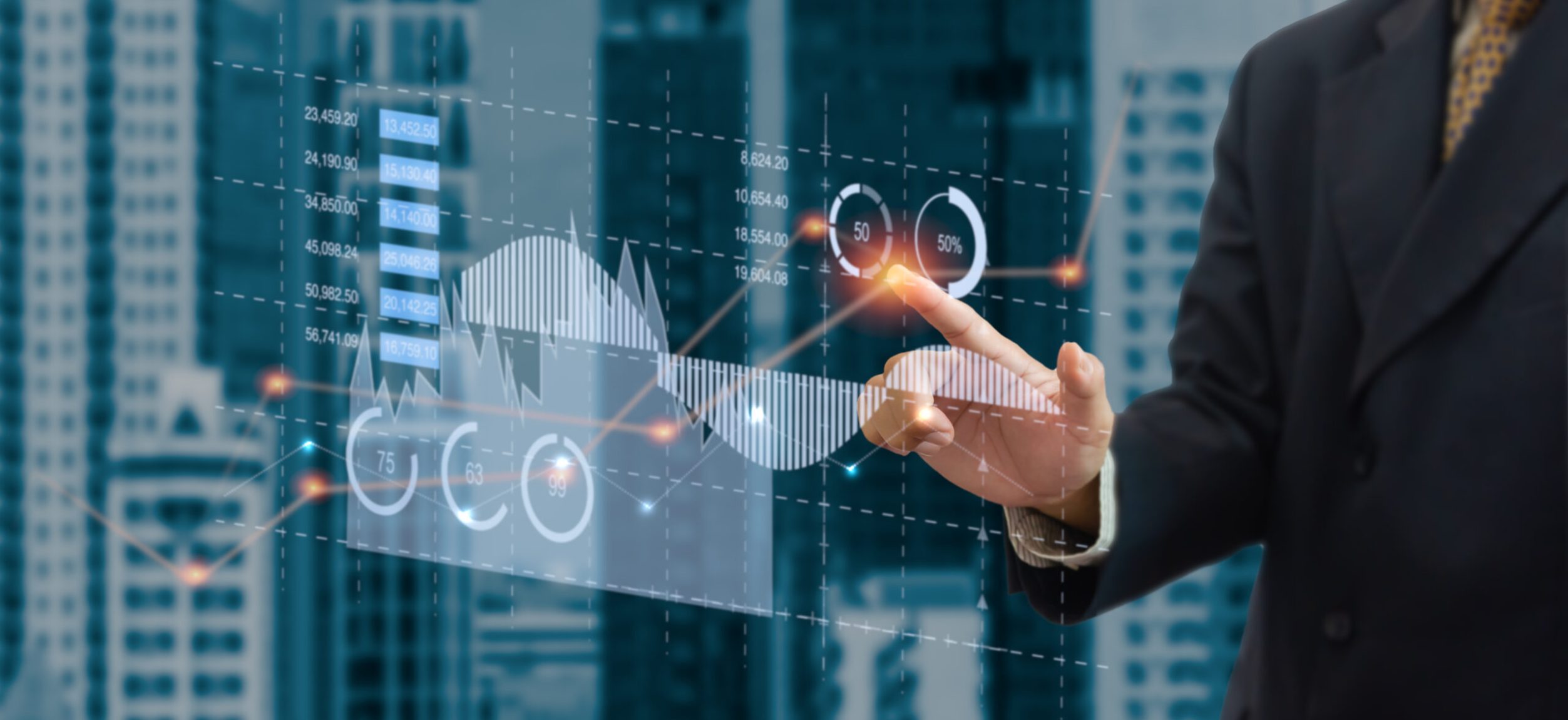 business chart and graph. Businessman touching virtual hologram. business technology concept