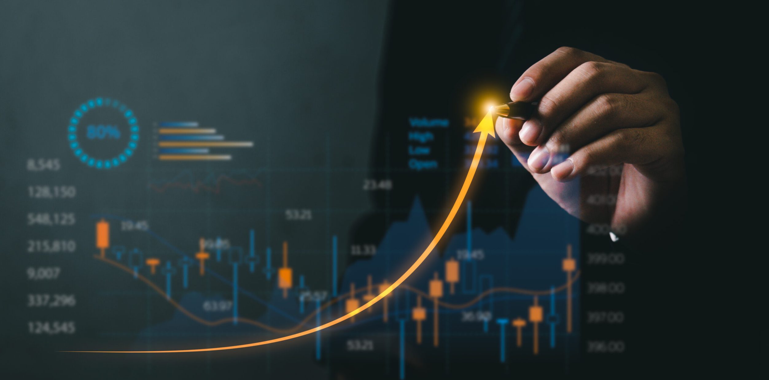 Businessman point increase arrow graph corporate future growth. Planning goal target challenge and business strategy finance investment development concept.