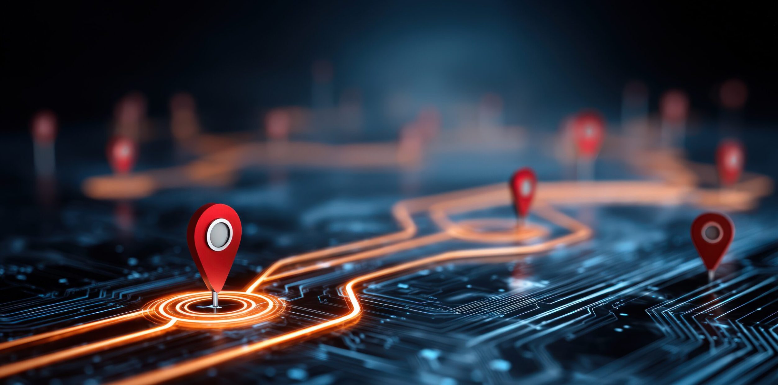 A futuristic, stylized map with glowing orange lines and red map pins, showing a network of interconnected pathways over a dark blue circuit board-like surface, a sense of navigation and technology with an emphasis on the contrast between the glowing lines and the dark background, science fiction illustration with a focus on vibrant colors and intricate details, --chaos 15 --ar 16:9 --profile knsuk2r --v 7 Job ID: 49854853-1740-46e2-9ec2-3db18a272ea2