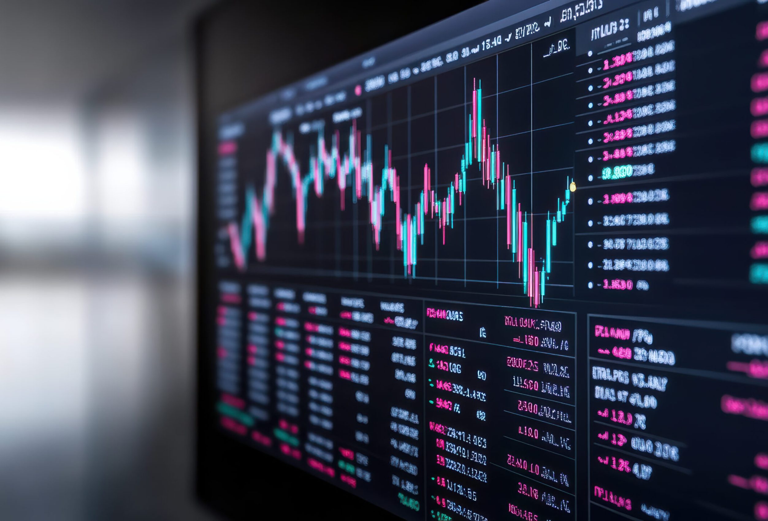 A digital dashboard displaying key economic indicators and stock market data, showcasing trends