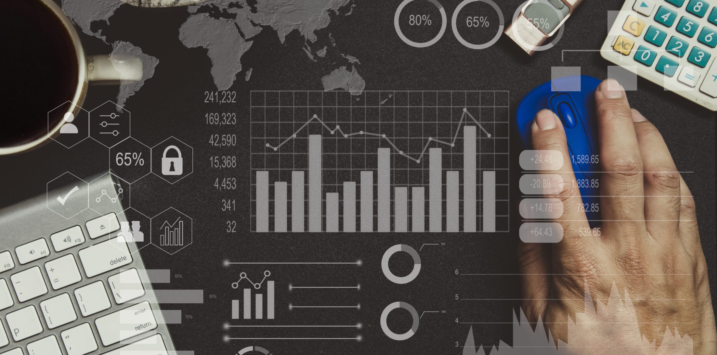 Investors analyze stock market reports and financial dashboards with business intelligence. Analysis of marketing plans and business growth..Element of this image furnished by Nasa