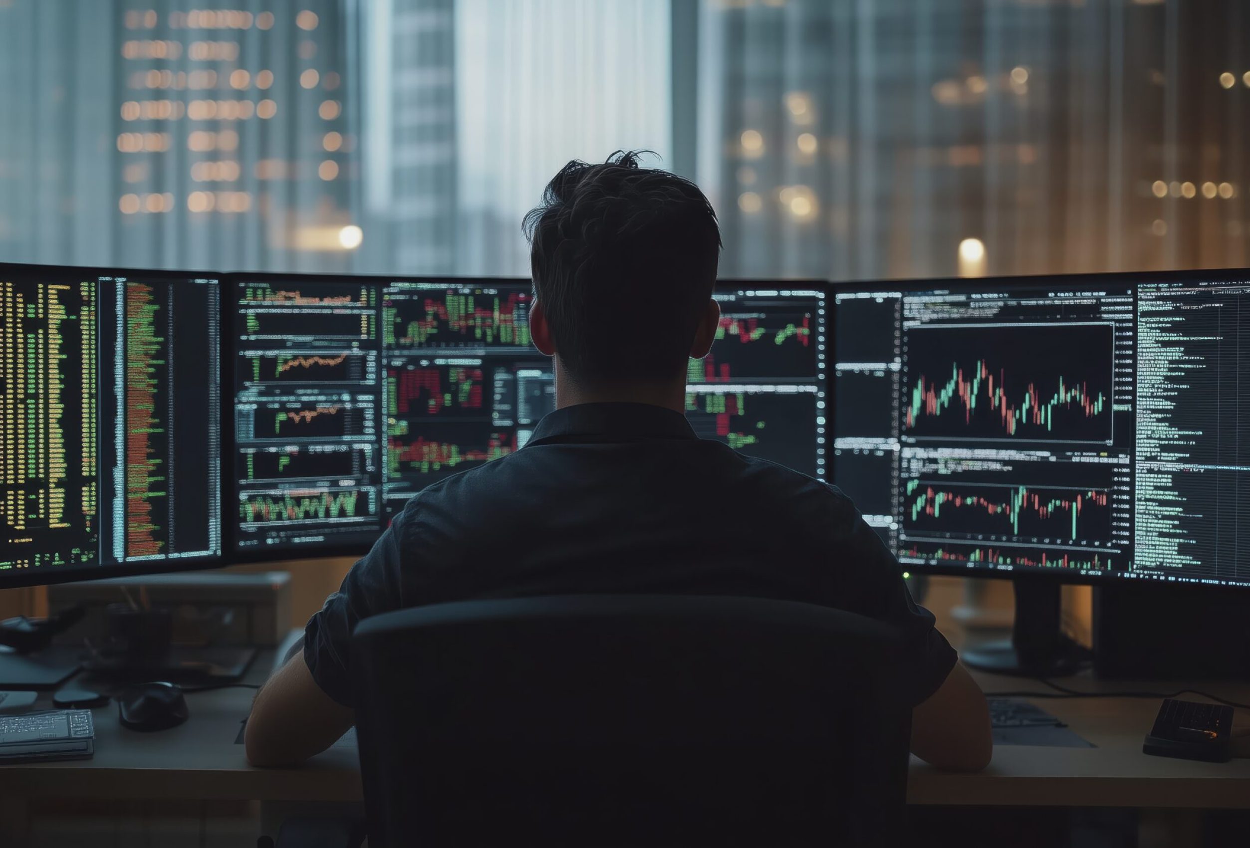 Stock market broker is working late, analyzing charts and data on multiple monitors