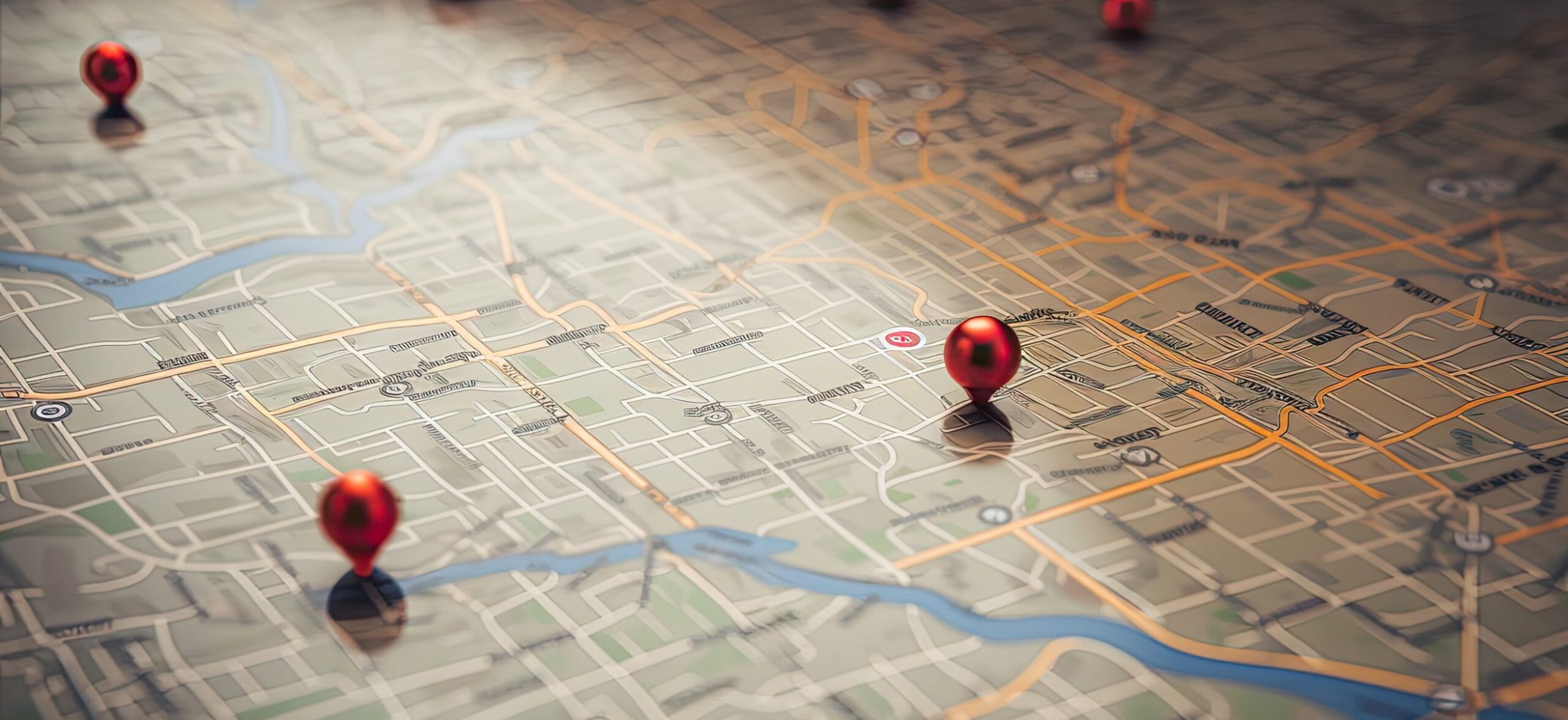 Map of the city with red pins on it. Conceptual image, Find your way. Location marking with a pin on a map with routes, AI Generated