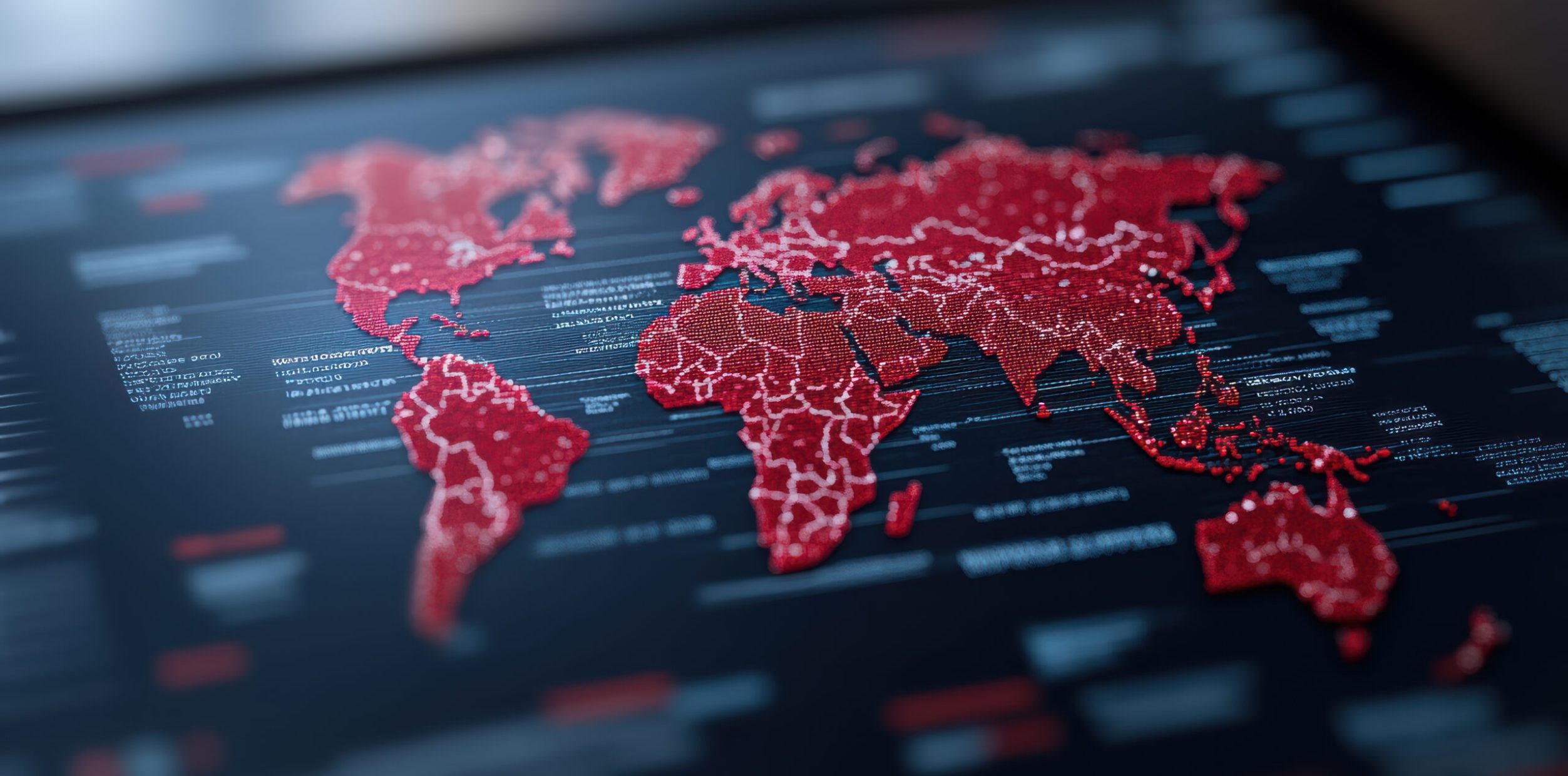 A digital map displaying global data trends with red color scheme, showcasing various regions and